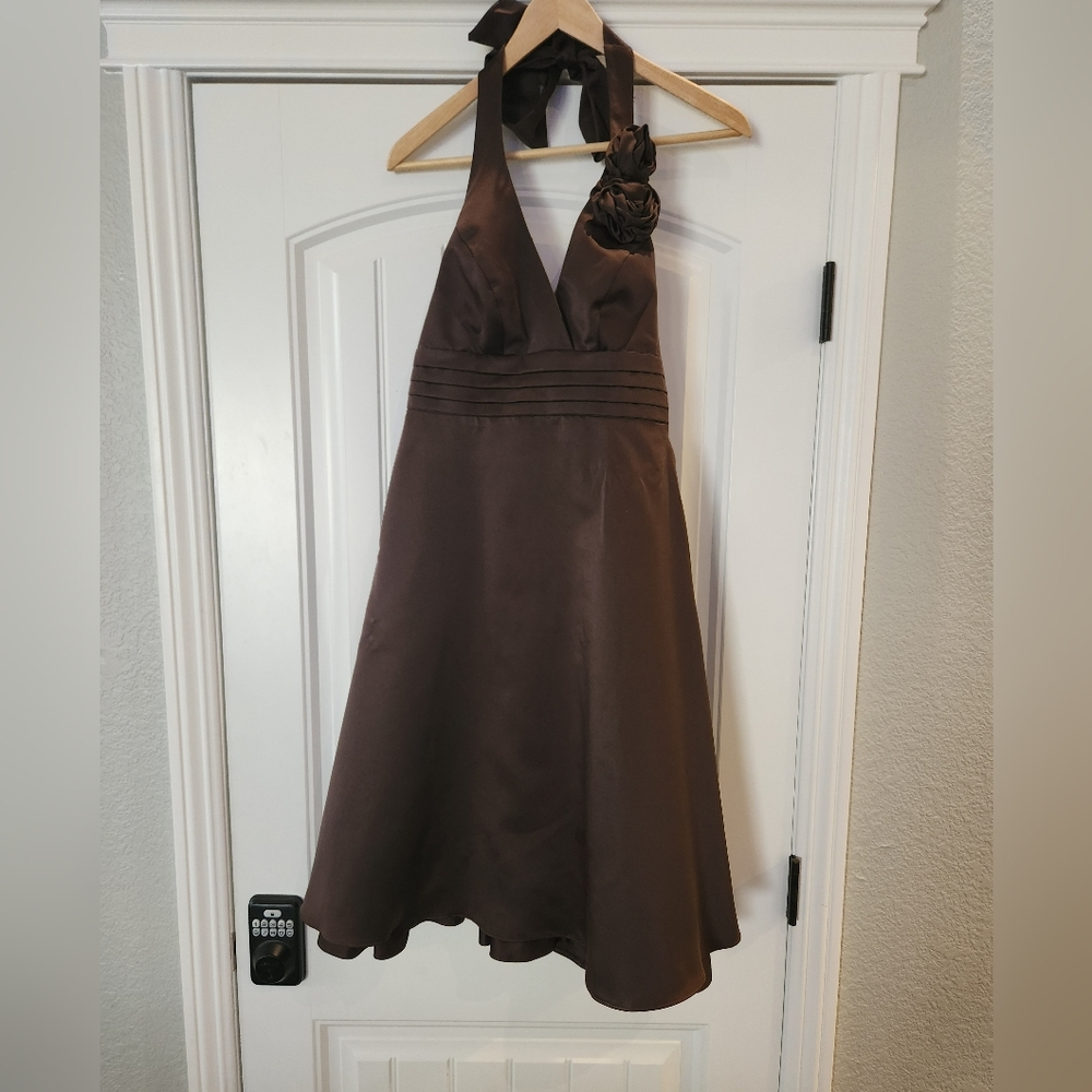 Brown Bridesmaid Formal 50's Style A-Line Halter Dress